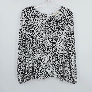 Loft Top Animal Print Peplum 4 Black White Long Sleeve Zip Back Flutter Hem New